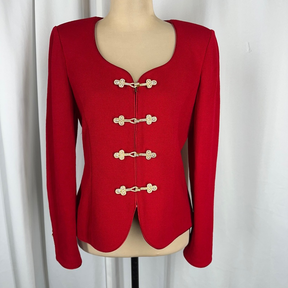 St. John Evening Red Santana Knit Jacket Gold Jeweled Hook Closures Sz 2 (S) - Picture 6 of 12